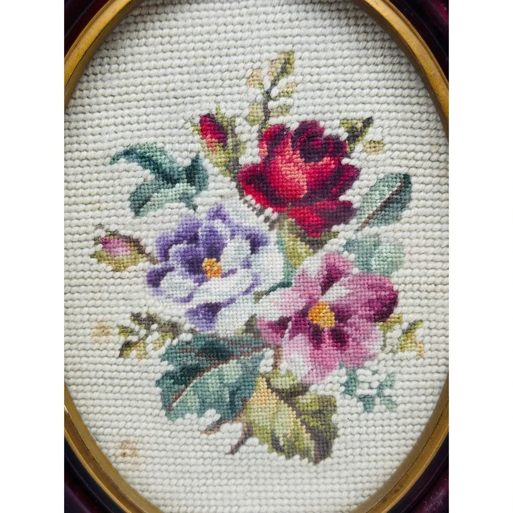 Vintage Needlepoint Floral Art Oval Wood Frame Wall Decor